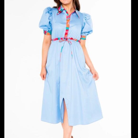 NWT Alden Adair Taylor Dress Roller Skate Puff Sleeve Midi Dress Blue Size Small - Picture 2 of 14